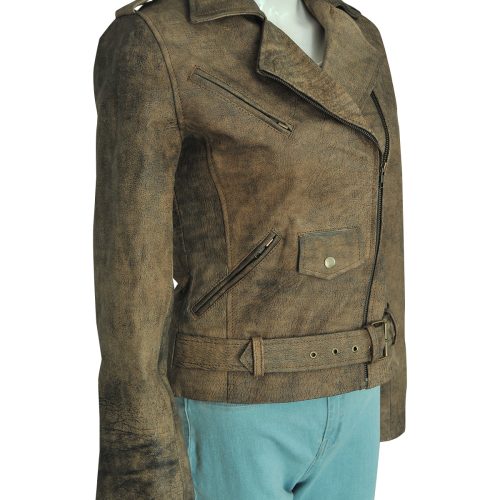 stylish distressed brown women leather jacket