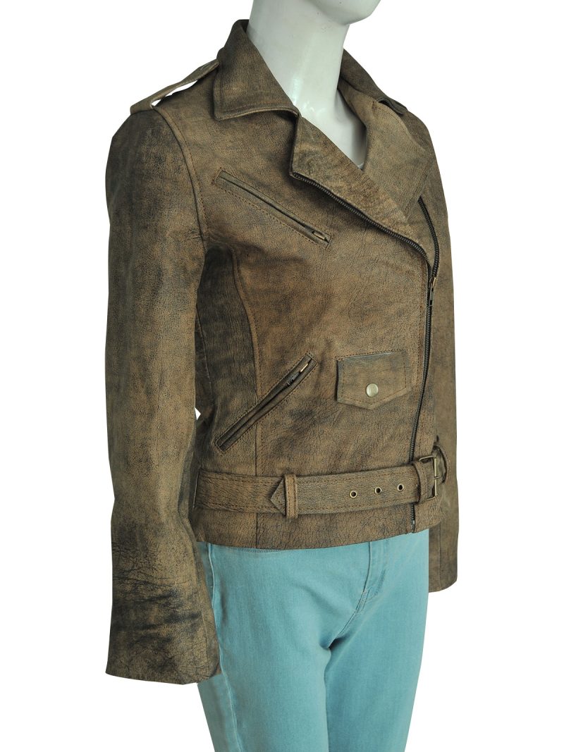 stylish distressed brown women leather jacket