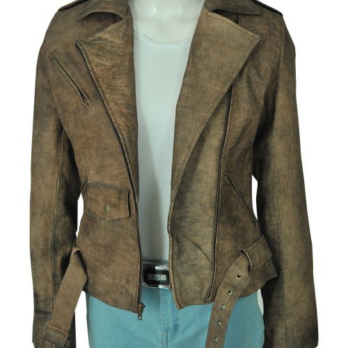 women brown distresed leather jacket