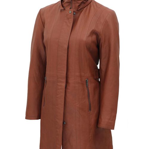 women brown leather coat 3 4 length